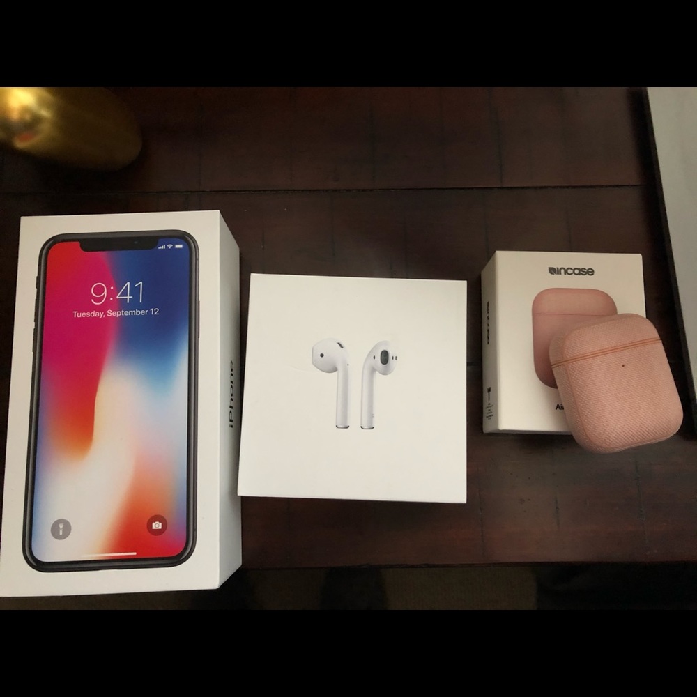 IPHONE X 64G AND CASE, APPLE EARBUDS AND CASE.